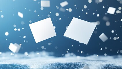 Two white squares float amidst falling white shapes on a dark blue background.  Snowy, abstract, digital art