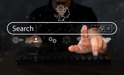 Man touch AI, SEO icon on websites to rank search engines. Search with Ai assistant, search on...