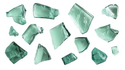 Scattered set of broken glass pieces sharp clear shards with jagged edges transparent fragments isolated on white background