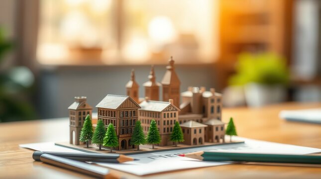 Architectural miniature: a city model on a table with pencils, showcasing detailed building designs.