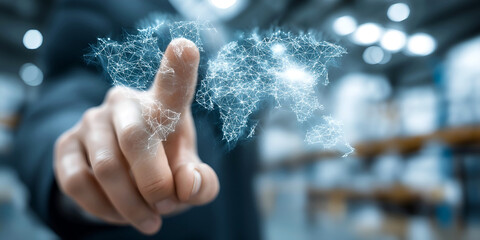 Businessman touching digital world map with network connections in a futuristic virtual interface environment