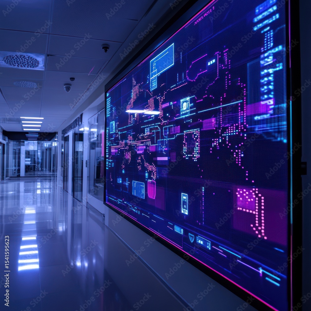 Poster cybersecurity digital world map display in modern corridor
