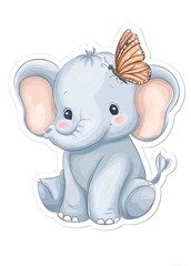 Fototapeta premium Adorable Elephant and Butterfly Sticker, Pastel Vector Cartoon with Die-Cut Sheet, Children's Book Illustration Style on White Background for Kids Crafts, Educational Materials and Stationery