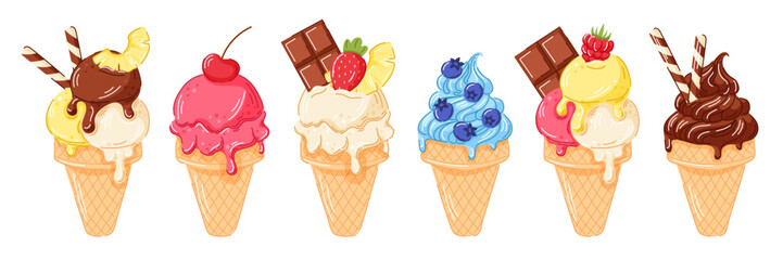 Ice cream cone set with melting scoop and cherry, pineapple, strawberry, chocolate bar, blueberry, raspberry on top in waffle cone in cartoon. Ideal for dessert menu, summer sweet, food design.