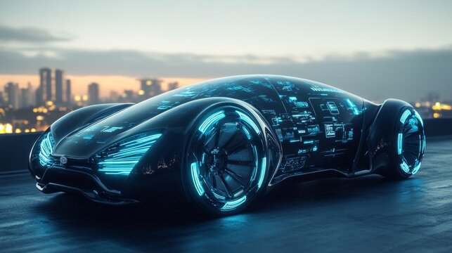 A futuristic concept car with digital interfaces against a cityscape. Suitable for articles about technology and innovation in the automotive industry.