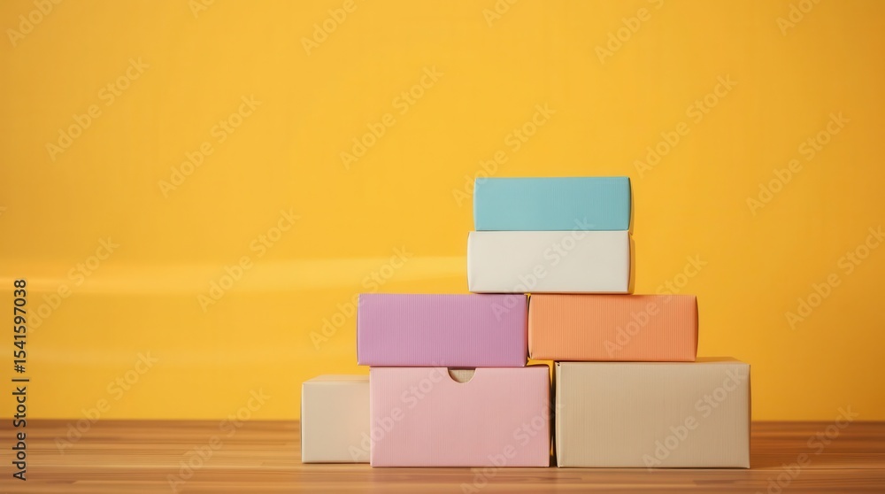 Poster stack of rectangular boxes in pastel colors against a vibrant yellow backdrop on a wooden surface.