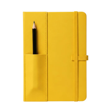 A bright yellow notebook featuring an integrated pen holder with a black pencil and an elastic band closure, perfect for notes, journaling, or planning.
