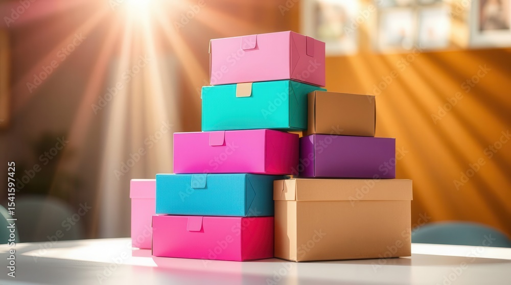 Poster stack of colorful boxes on a table with bright sunlight. perfect for gifts or storage solutions.