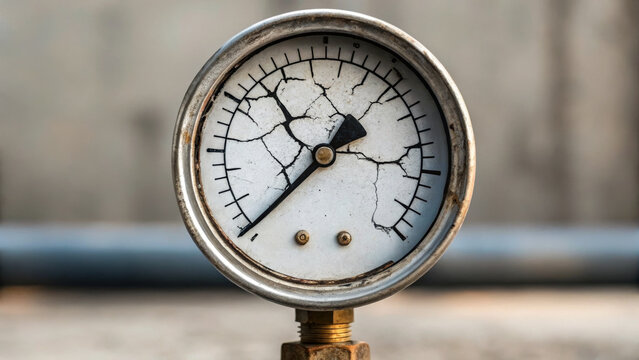 Cracked damaged pressure gauge industrial broken metal round old equipment Cracked pressure gauge showing damage. Economic impact and effect of oil, energy security, financial market connection