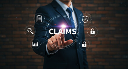 Man in suit pointing at claims text surrounded by icons on a digital interface display screen panel