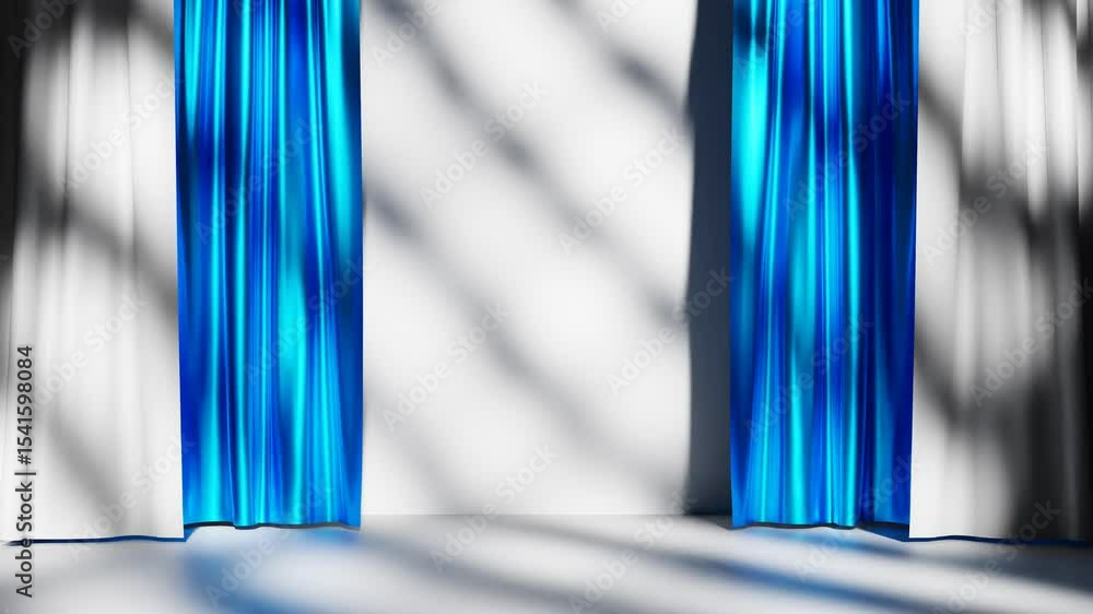 Poster 3d rendering of empty scene for product background with blue and white curtains