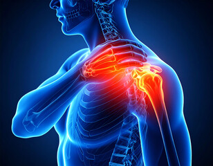 3D medical illustration showing a person with shoulder pain. Inflammation of the shoulder joint with a bright red area. Concept of shoulder injury, arthritis, joint inflammation, muscle strain or rota