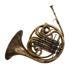 Ornate french horn with decorative bell.