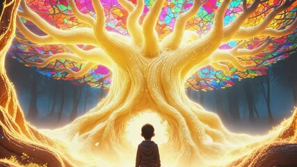 Expanding glowing portal summoning ancient tree into golden form at forest clearing, boy watching - Powered by Adobe
