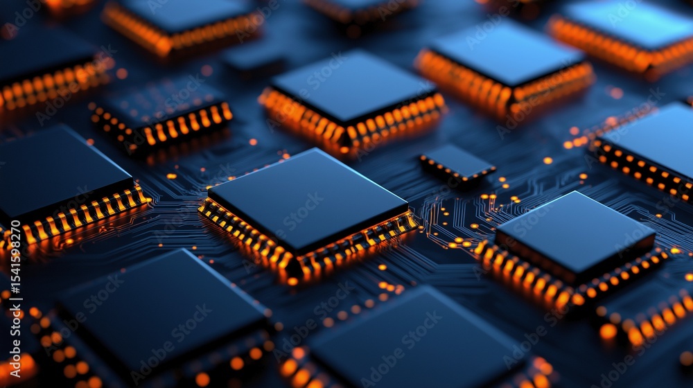 Poster micro chips connected to circuit board image render 3d. powerful computer hardware. technology devel