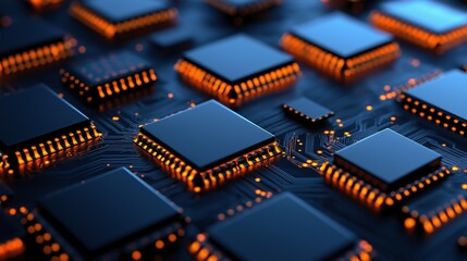 Micro chips connected to circuit board image render 3d. Powerful computer hardware. Technology development background realistic graphic. Conceptual idea, visual storytelling