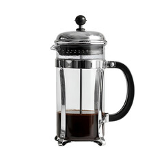 A glass coffee french press filled with dark brown coffee.