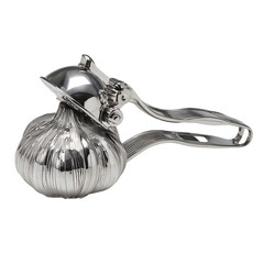 Ornate, polished silver garlic press with detailed ridges.
