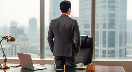Visionary Leader: A sharp-dressed executive contemplates the city skyline from a high-rise office window, desk with laptop and coffee, embodying ambition and strategic thinking. 