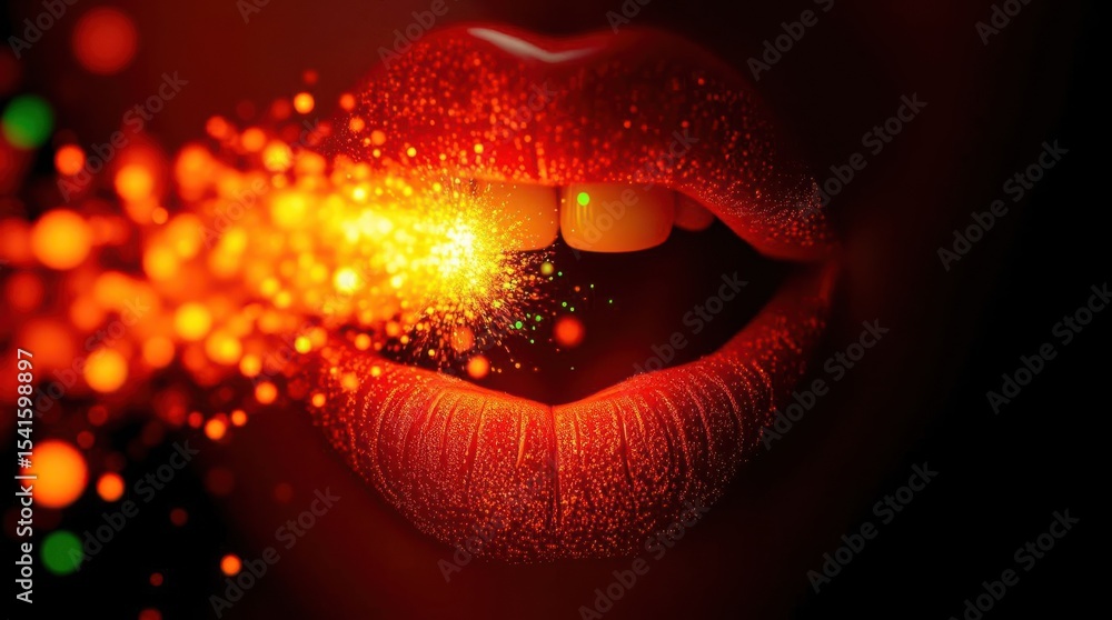Poster fiery burst from open mouth: captivating contrast of vibrant colors & dark background in surreal com