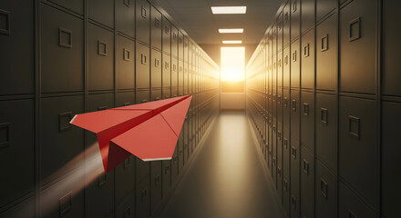 The Paper Airplane and Bright future: A red paper airplane soars toward a bright light at the end of a long hallway lined with file cabinets, symbolizing ambition and the pursuit of goals.