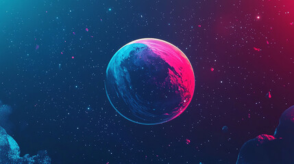 Fototapeta premium Cosmic Orb: A vibrant, stylized depiction of a celestial body, bathed in neon pink and blue hues, floats amidst a cosmic backdrop of swirling nebulae and distant stars.