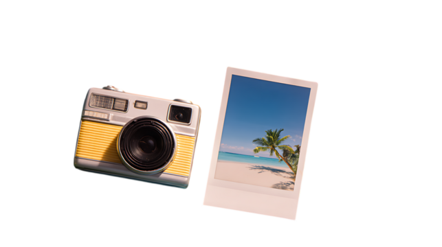 camera on the beach with photo on white background 
