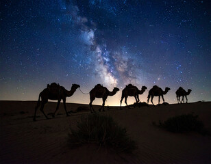 silhouette of a number of camels walking in a row at night in the desert with the Milky Way in the background