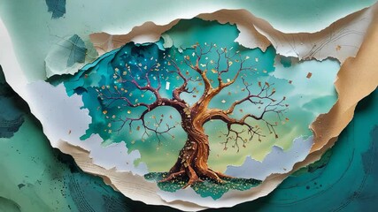 Layered paper tearing revealing stylized tree in jagged frame with golden leaves in art display - Powered by Adobe