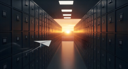 Data Fortress Ascent: A paper airplane soars toward a radiant sunrise. This image portrays a modern data center, filled with rows of file cabinets, symbolizes data storage, information management.