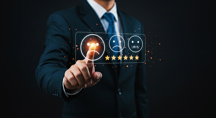 Customer dissatisfaction. Businessman pointing at sad face icon for a one-star rating. Concept of negative feedback and poor service review.