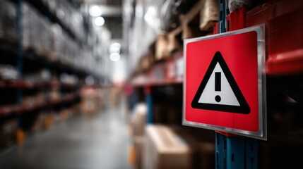 Fototapeta premium Red warning label on packaged product with bold text, symbolizing safety alert and consumer protection, product hazard caution sign for commercial goods.