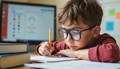 Young boy studying at desk while writing in notebook with pencil  