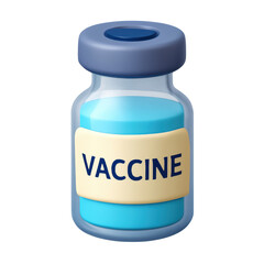 A glass vial labeled  Vaccine  containing a blue liquid solution