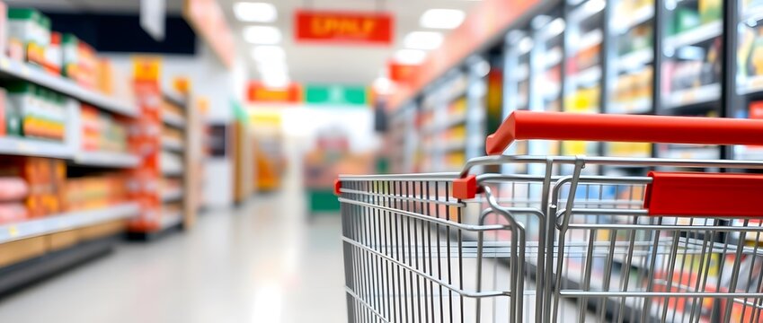 Blurred shelves in grocery store and trolley.Copy space for text or design.shopping cart handle with yellow grip red accents, Shopping cart in supermarket.Part of shopping trolley in supermarket aisle