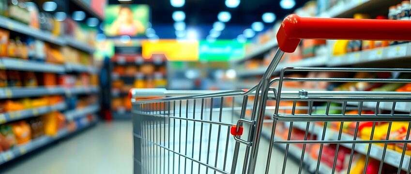Copy space for text or design.shopping cart handle with yellow grip red accents,Shopping cart in supermarket.Part of shopping trolley in supermarket aisle.Blurred shelves in grocery store and trolley. - Powered by Adobe