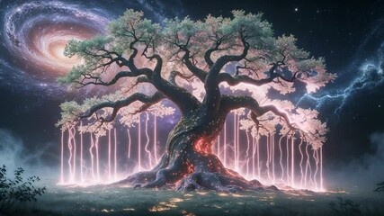 Faint glow sparking gnarled tree dripping energy flows below galaxy forming arcs mist on meadow - Powered by Adobe