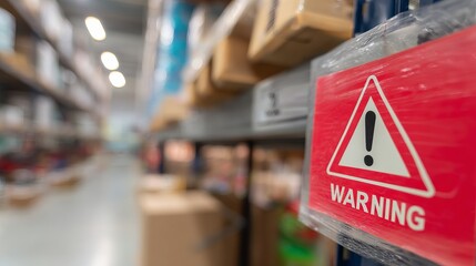 Red warning label on packaged product with bold text, symbolizing safety alert and consumer protection, product hazard caution sign for commercial goods.