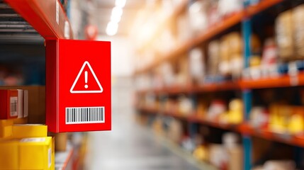 Red warning label on packaged product with bold text, symbolizing safety alert and consumer protection, product hazard caution sign for commercial goods.