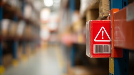 Red warning label on packaged product with bold text, symbolizing safety alert and consumer protection, product hazard caution sign for commercial goods.