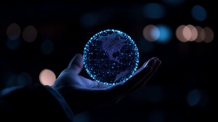 Entrepreneur hand demonstrating virtual Earth globe image with digital overlay. Business communication photography conceptual composite. Global connection concept photo realistic