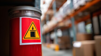 Red warning label on packaged product with bold text, symbolizing safety alert and consumer protection, product hazard caution sign for commercial goods.