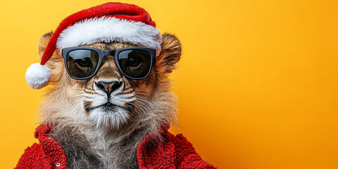 Obraz premium Stylish Lion Wearing Santa Hat and Sunglasses on Festive Yellow Background