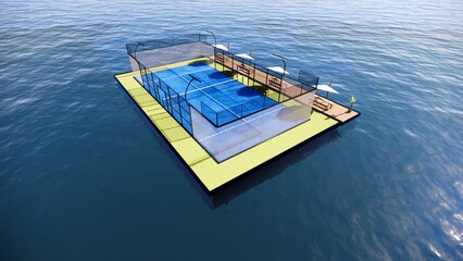 Modern Floating Sports Court on Ocean 3D Visualization