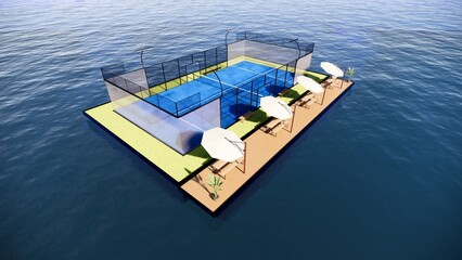 3D Rendering of Floating Padel Court on Ocean with Umbrellas and Benches under Blue Sky