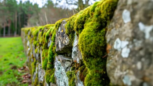 Closeup Stone Wall Covered In Moss