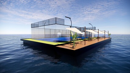 Corner view Tropical Floating Padel Court  with bench and shade on ocean 3d rendering 