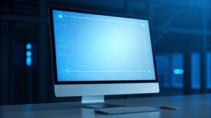 Futuristic computer screen digital interface, clean blue UI, modern technology workspace