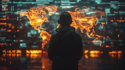 Mysterious hacker surrounded by digital world maps and data streams