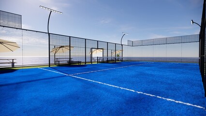 Corner view Floating Padel Court  with bench and shade on ocean 3d rendering 